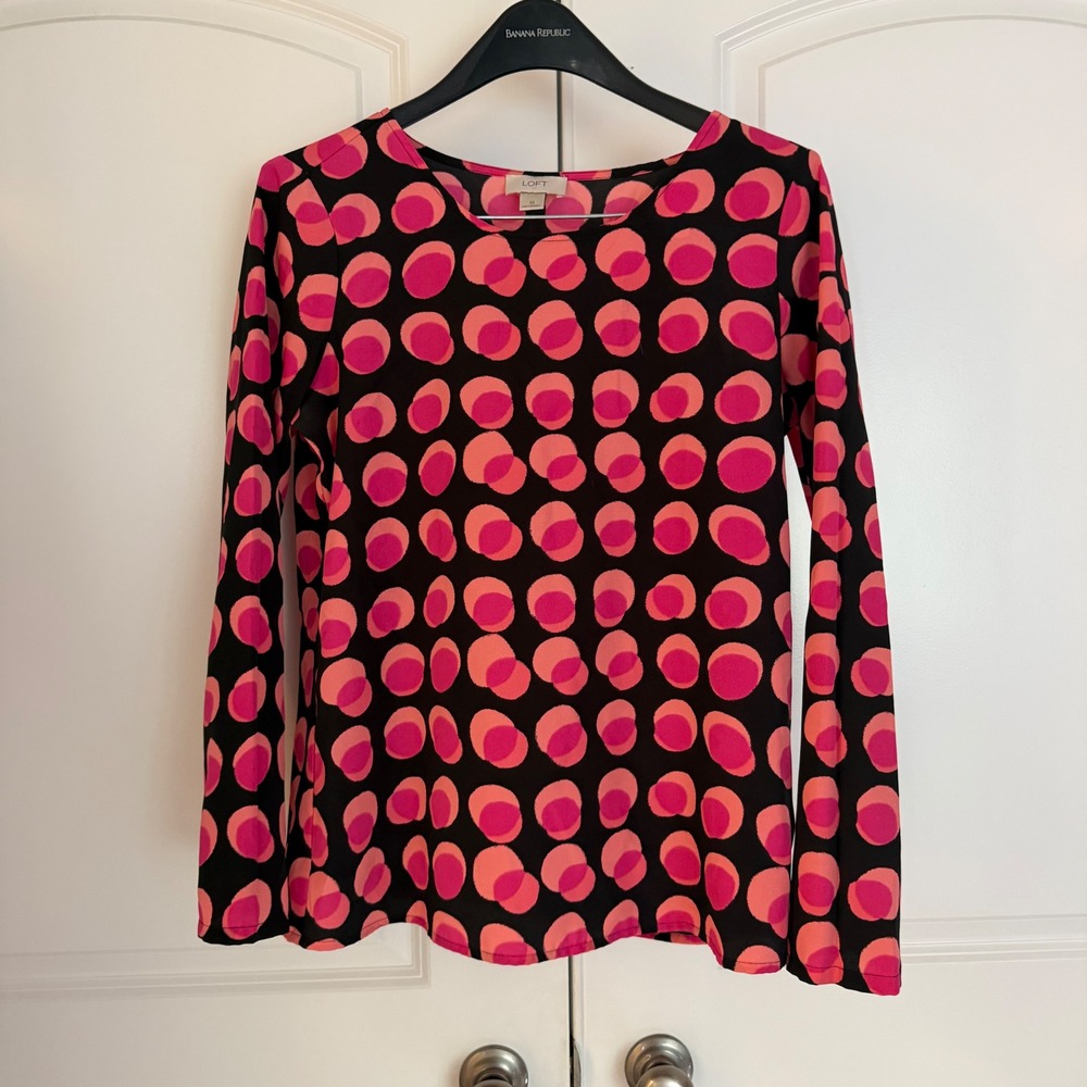 LOFT Womens Pink Orange Polka Dot Long Sleeve Blouse Black Scoop Neck Size M